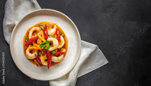 asian dish squid. top view of stir-fried octopus or squid with with vegetables in sweet and sour sauce, copy space