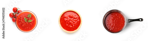 Saucepan with tasty tomato sauce on white background