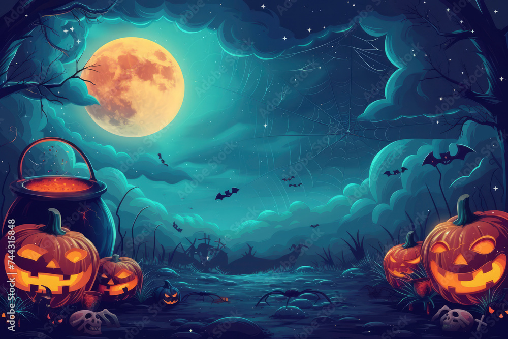 Happy Halloween party posters set with night clouds and pumpkins in cartoon illustration. Full moon, witch cauldron, spiders web and skull. Place for text - obrazy, fototapety, plakaty 