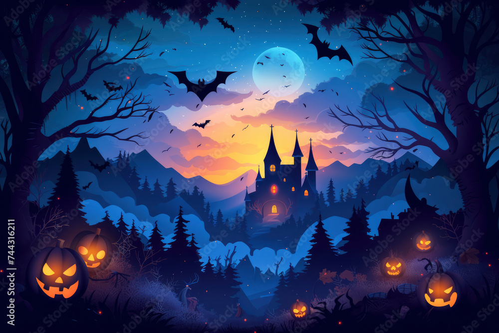 Halloween paper cut banner with cemetery, mist, dead trees and flying bats . Vector greeting card with 3d clouds