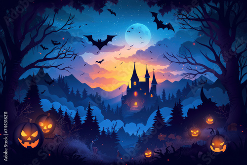 Halloween paper cut banner with cemetery, mist, dead trees and flying bats . Vector greeting card with 3d clouds