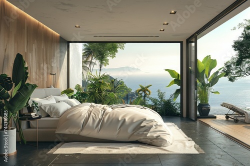 Luxurious minimalist bedroom in a villa with bigh panoramic windows and a s beautiful ocean view. The interior composition with a big, white linen textured bed, natural stone floor, plants, and carpet photo