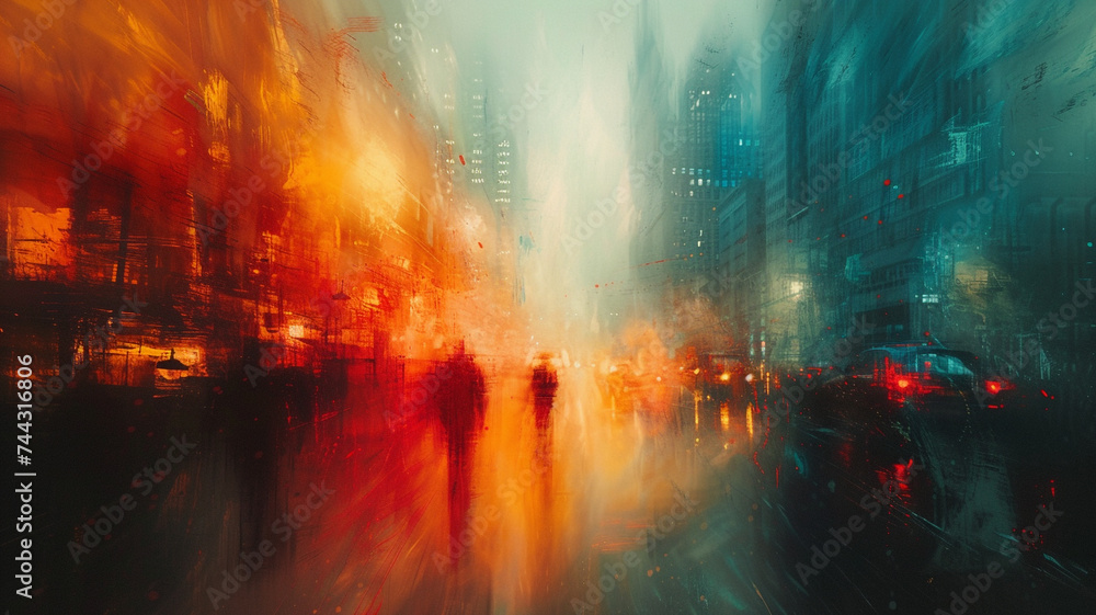 A symphony of abstract brushstrokes depicting a dynamic cityscape, capturing the energy and movement of urban life.