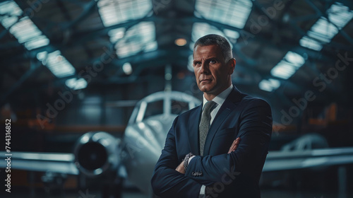 aviation executive with arms crossed standing in airplane hangar. leadership concept © Kien