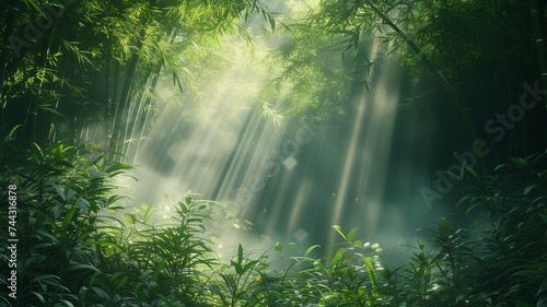 A tranquil bamboo forest with sunlight filtering through the dense foliage  creating a peaceful and zen-inspired shirt design.