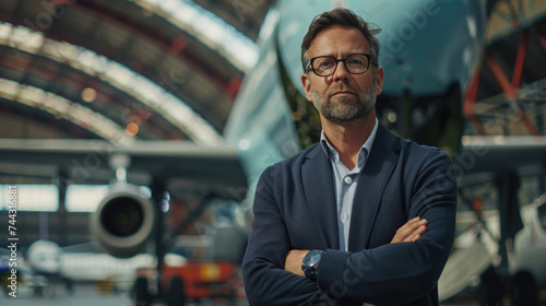 aviation executive with arms crossed standing in airplane hangar. leadership concept © Kien