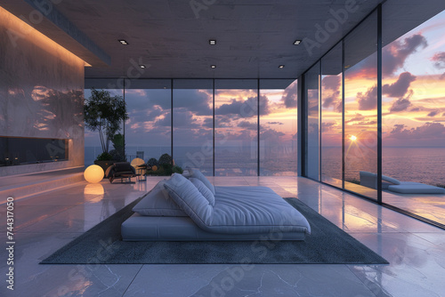 Luxurious minimalist bedroom in a villa with bigh panoramic windows and a s beautiful ocean view, sunsetting scene with cinematography effects. photo