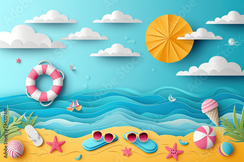 Summer time sea view with equipment placed on the beach and sky background