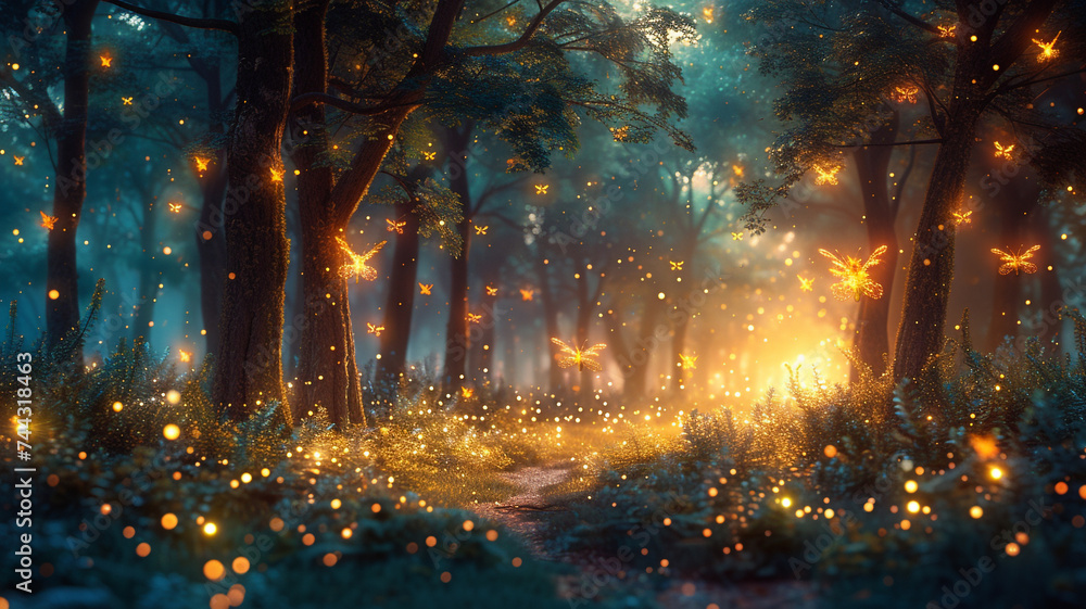 A mysterious and enchanting forest scene, featuring magical creatures and glowing fireflies, perfect for a fantasy-inspired t-shirt design.