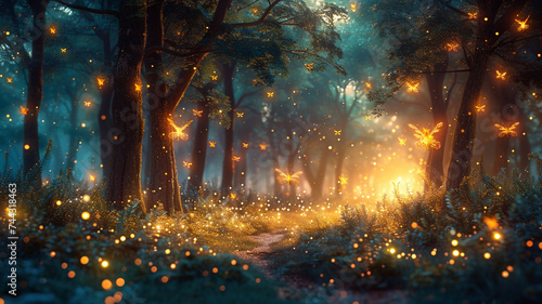 A mysterious and enchanting forest scene  featuring magical creatures and glowing fireflies  perfect for a fantasy-inspired t-shirt design.