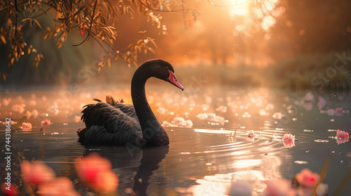 Black swan - swimming in the water with elegance for a black swan event photo