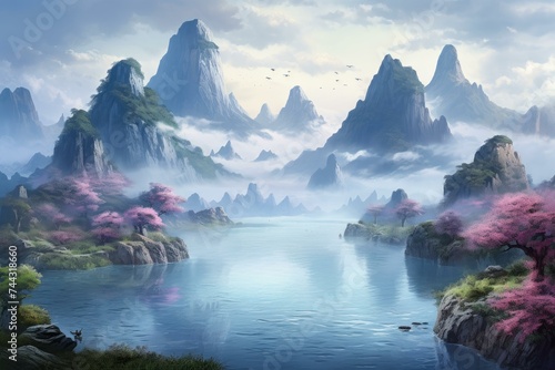 River Chinese landscapes. Natural beauty mountain lakes and fiery sunset. Generation AI