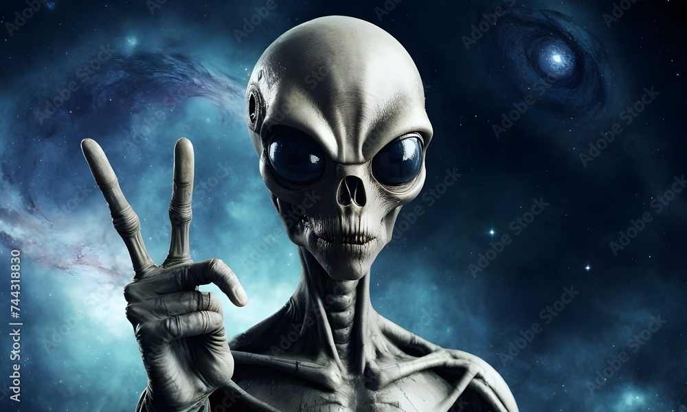 In the vastness of space, a skull-faced alien projects dual peace signs, its unearthly form offering a stark yet hopeful contrast against the swirling cosmos. This creature seems to advocate for