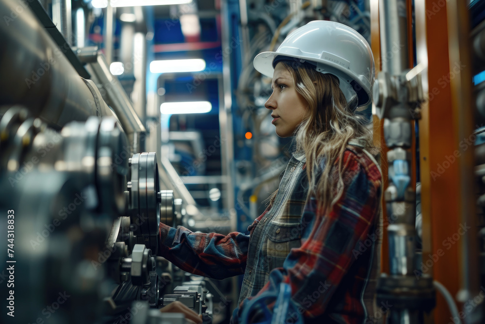 industrial female engineer in hard hat inspecting machinery at manufacturing plant