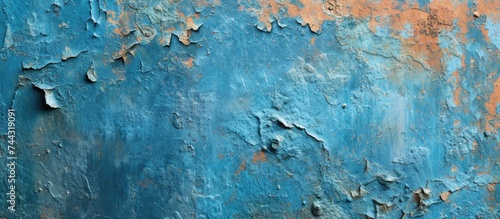 A close-up photo showcasing a rusted metal surface with patches of blue and orange paint creating a unique abstract background texture.