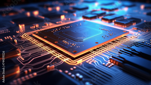 Technological background of the orange and blue technology image circuit board.