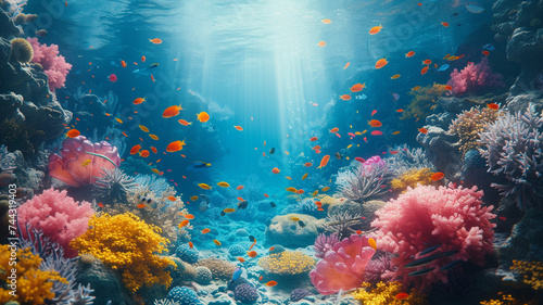 A serene underwater scene with colorful coral reefs and exotic fish, capturing the beauty of the ocean for a tranquil and nature-inspired t-shirt graphic.