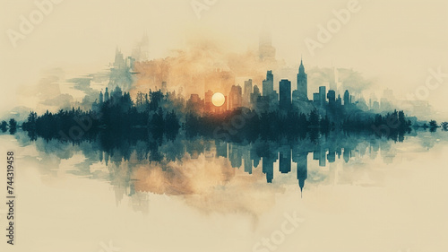 A surreal and dreamlike depiction of a city skyline reflected in the calm waters of a lake, creating a serene and otherworldly t-shirt design.