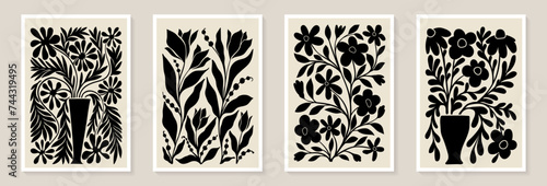 Set of trendy vintage wall prints with black and white flowers, leaves, shapes. Modern aesthetic style Collection of contemporary artistic Design wall decoration, postcard, poster, brochure
