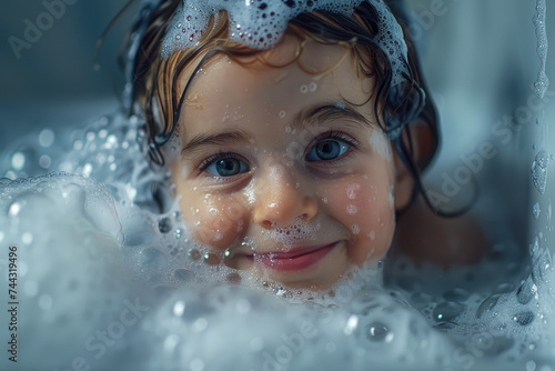 Happy little girls bath in a bathtub white foam on her face with fun emotions