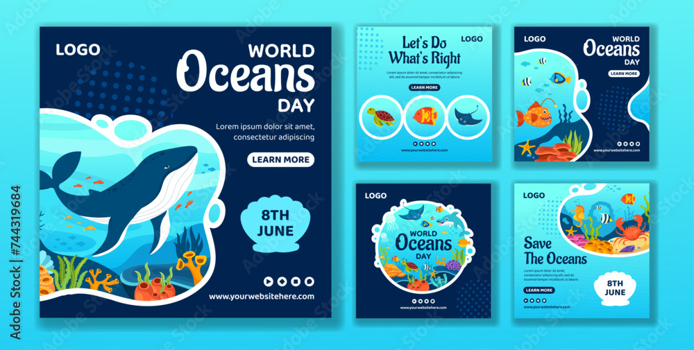 Oceans Day Social Media Post Flat Cartoon Hand Drawn Templates Background Illustration