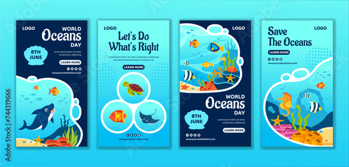 Oceans Day Social Media Stories Flat Cartoon Hand Drawn Templates Background Illustration