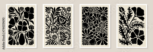 Set of trendy vintage wall prints with black and white flowers, leaves, shapes. Modern aesthetic style Collection of contemporary artistic Design wall decoration, postcard, poster, brochure