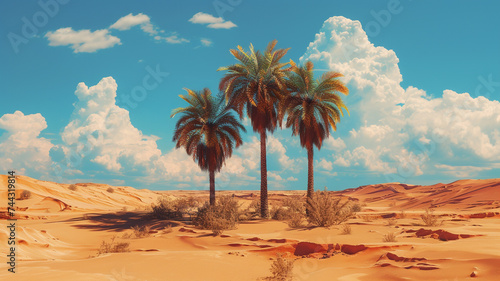 A surreal desert oasis, with palm trees standing tall amid golden dunes, offering an oasis of calm and serenity on your shirt.