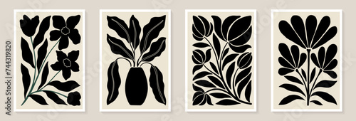 Set of trendy vintage wall prints with black and white flowers, leaves, shapes. Modern aesthetic style Collection of contemporary artistic Design wall decoration, postcard, poster, brochure