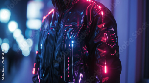 A jacket with builtin LED lights and a touchscreen panel allowing for endless customization and personalization in a sleek and futuristic way.