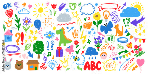 Cute kid scribble line flower, heart. rainbow background. Hand drawn doodle sketch childish element set. children draw style design elements background. Vector illustration with cute animals