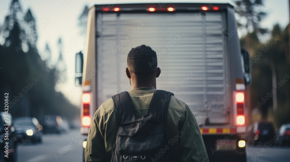 Afro american male truck driver with his truck