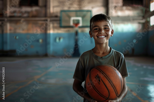 Portrait happy boy holding basketball in a school gymnasium