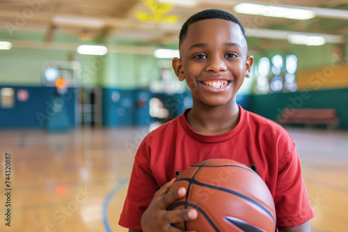 Portrait happy boy holding basketball in a school gymnasium © Kien