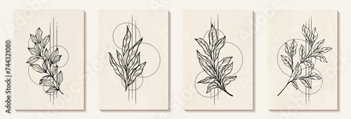 Vector illustration of black and white leaves, branch, flower, sacral geometric simbols isolated on white background. Mystical totem simbol. Hand drawn picture for tattoo, coloring book photo