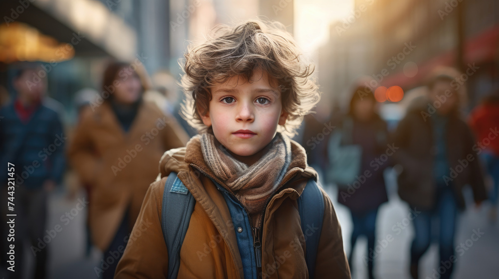 portrait of little boy walking alone in busy city street with crowd blur background