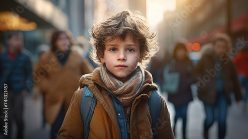 portrait of little boy walking alone in busy city street with crowd blur background