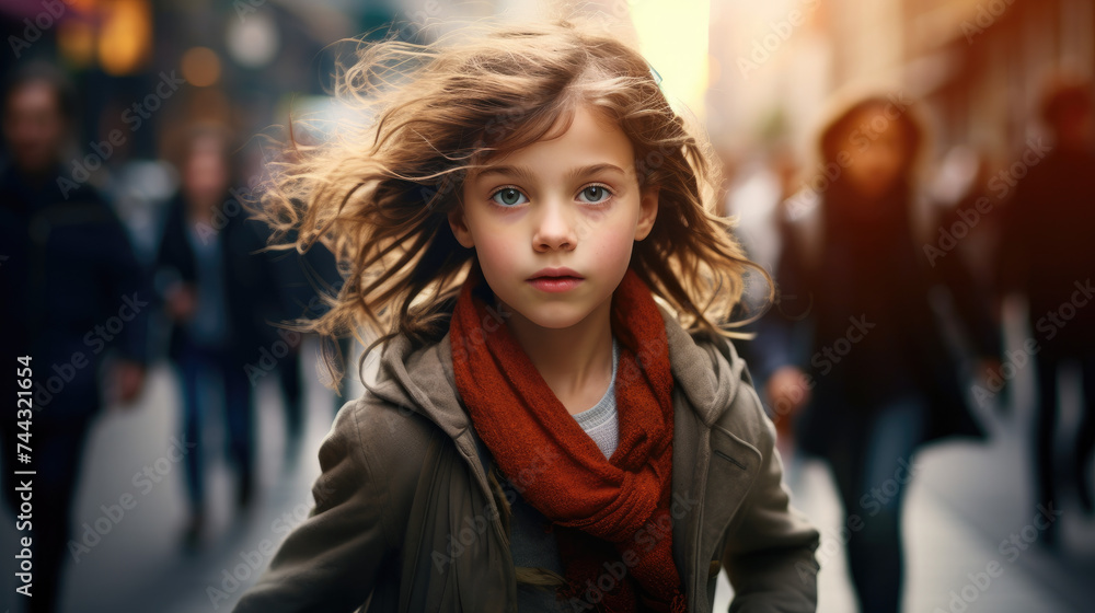 portrait of beautiful little girl walking alone in busy city street with crowd blur background