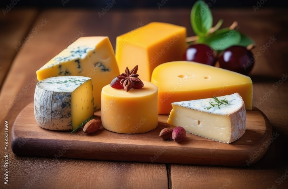 Composition of different types of cheese, cheese plate: parmesan, cheddar, gouda, camembert, brie and others with nuts on a wooden board, light snack with wine