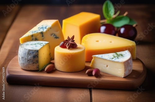 Composition of different types of cheese, cheese plate: parmesan, cheddar, gouda, camembert, brie and others with nuts on a wooden board, light snack with wine