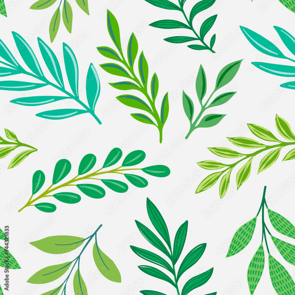 Abstract art green colors tropical line art leaves background vector. Seamless pattern. Wallpaper design with leaves shapes and scribble doodle linear leaf. vintage botanical floral pattern.