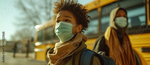 Schoolboy wearing protective face mask standing next to yellow school bus