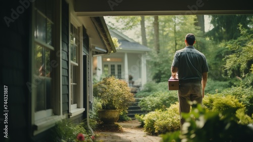 Courier man ringing doorbell of house in neighborhood