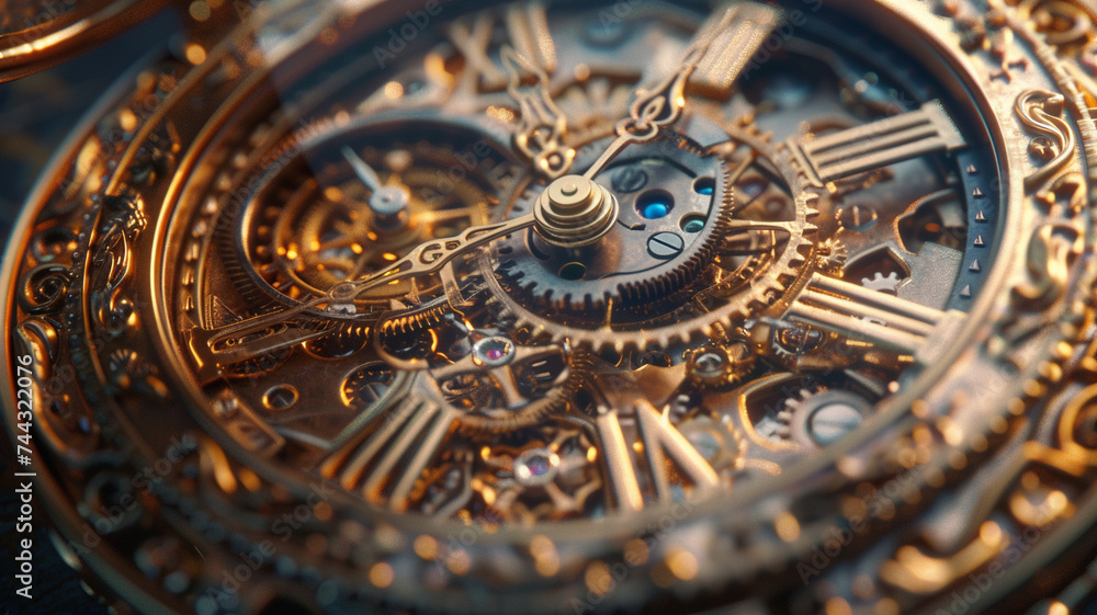 The intricate gears and cogs of an antique pocket watch, a steampunk-inspired design that merges vintage aesthetics with modern fashion.