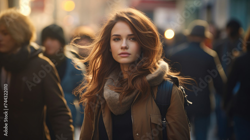 portrait of beautiful girl walking alone in busy city street with crowd blur background © Kien