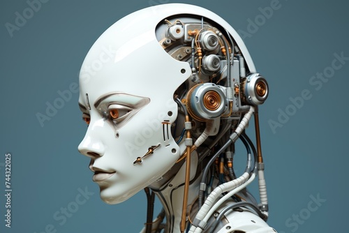 Robot female head. Metal science. Generate Ai © juliars