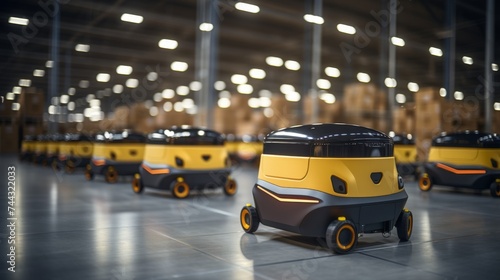 Delivery robots with sensors parked in modern spacious warehouse