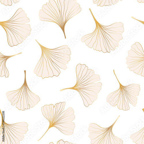 seamless pattern of hand draw illustrations floral outline golden ginkgo biloba leaves on pink background. for wall decoration  postcard or brochure cover design