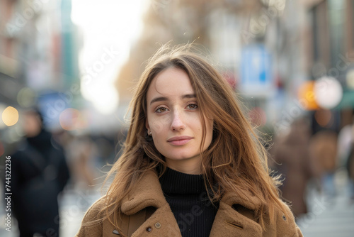 portrait of beautiful girl walking alone in busy city street with crowd blur background