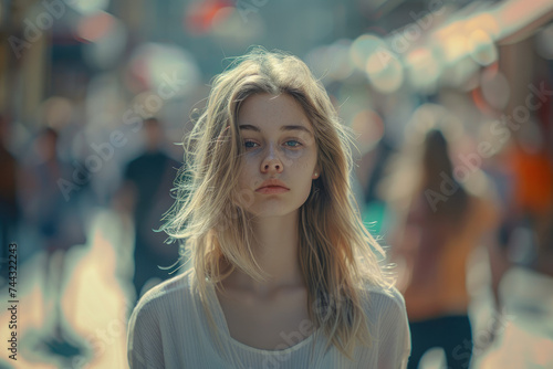 portrait of beautiful girl walking alone in busy city street with crowd blur background